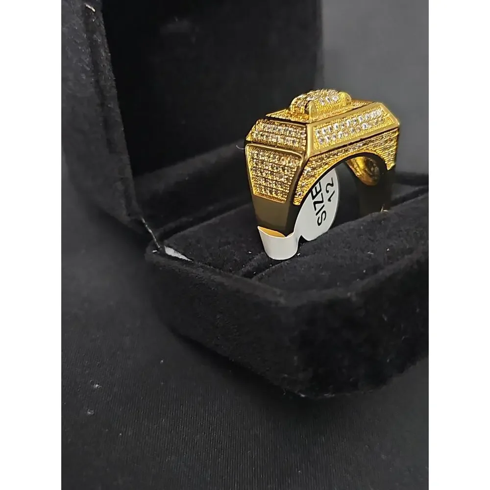 SIZE 12- 23.3m Gold Metal layered Signet Ring Square Pavé w/prong yellow CZs